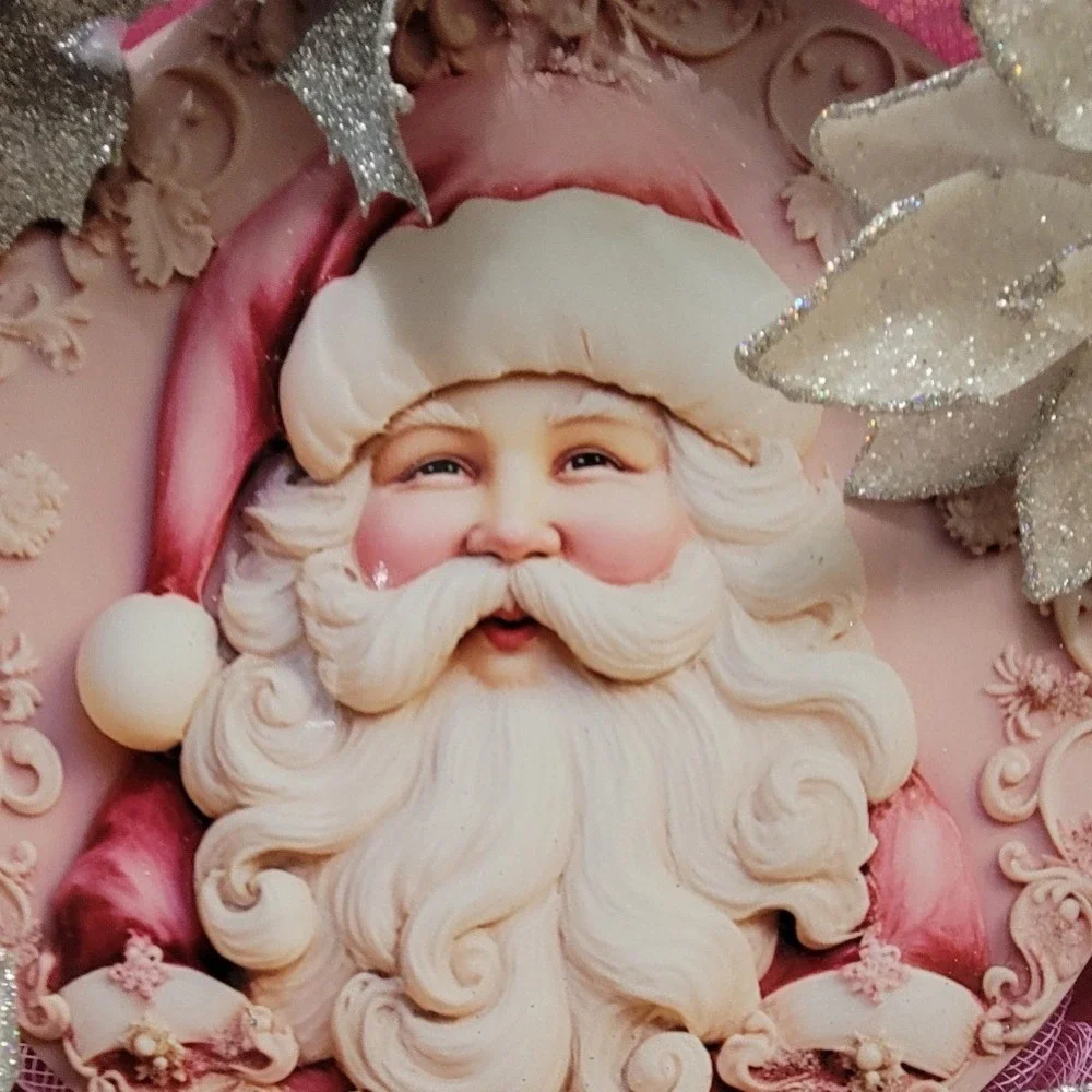 Pink silver Santa sparkle Christmas Wreath  Glitter Deco Mesh Unique Decor 24in